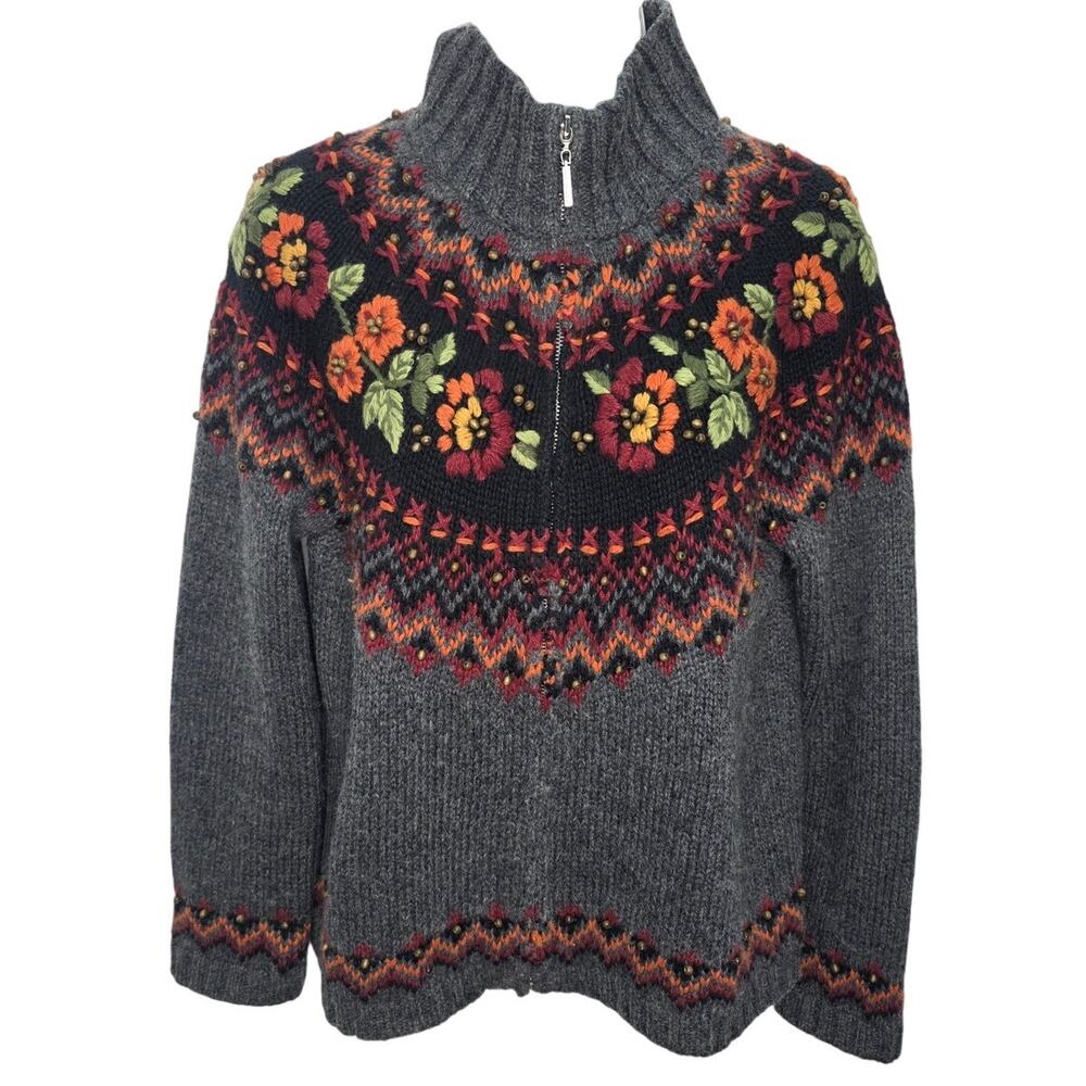 Vintage Sweater Womens M Floral Embroidered Beaded Wool Ramie Zip
